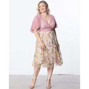 Kiyonna Dress Lillian Style 1X Pink Party Embroidered Cottagecore Flutter Sleeve